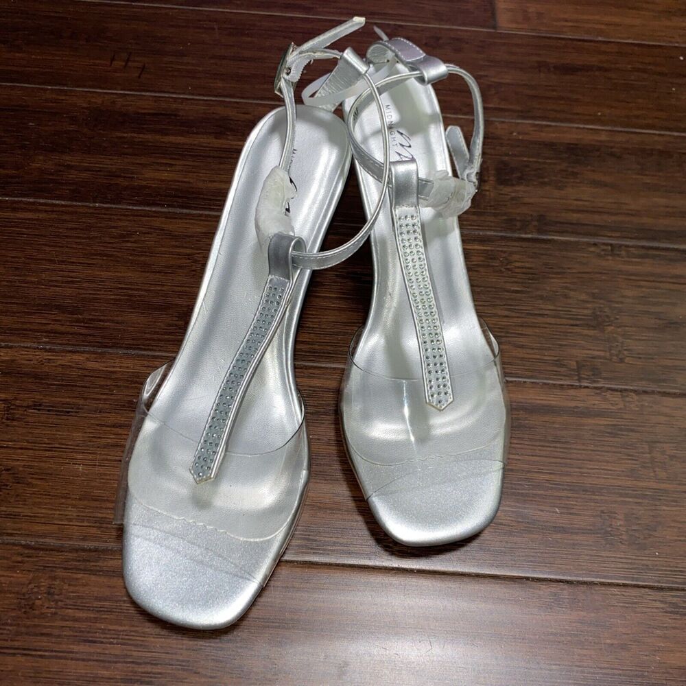 Midnight Velvet Womens 9.5 Silver Strappy Open Toe Clear Lucite Cuban Heels Wide